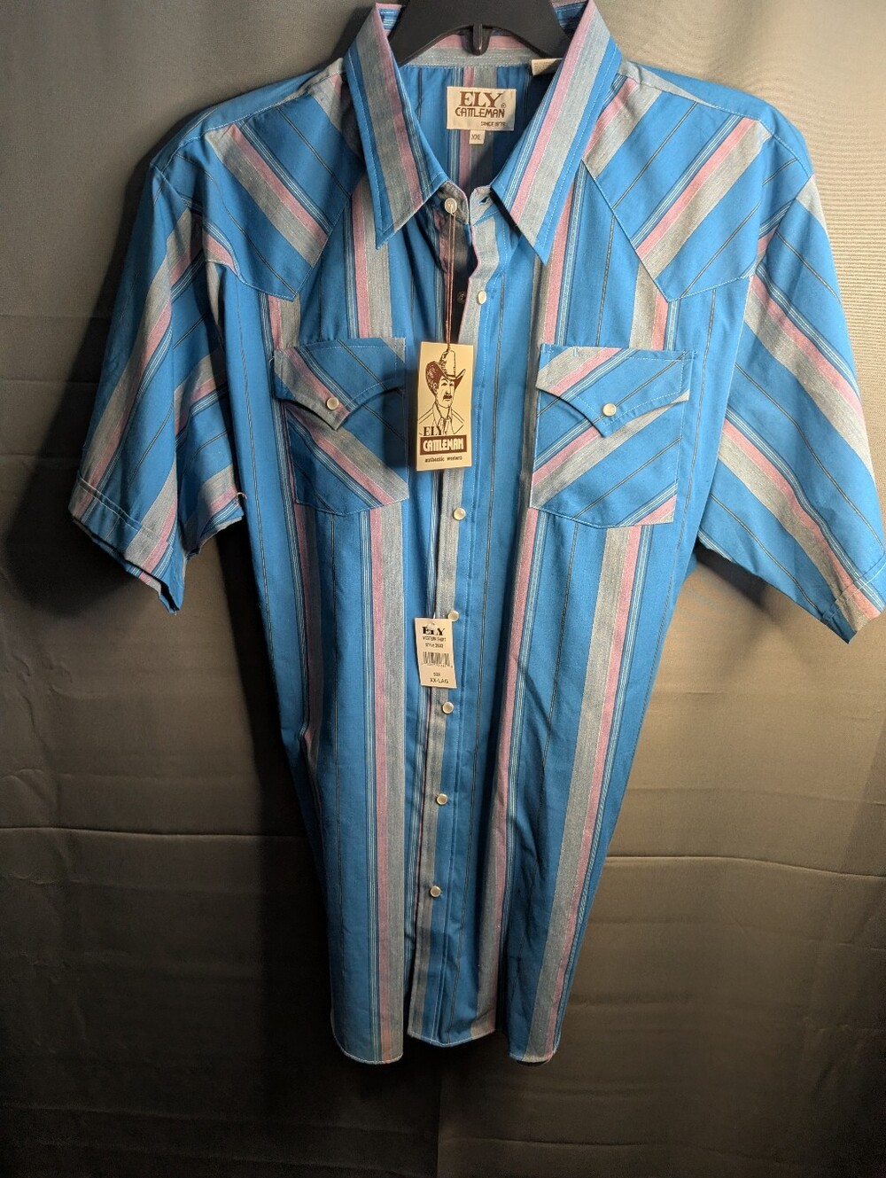 VTG Ely Cattleman Striped Western Pearl Snap Shirt Blue Pink Deadstock NWT XL